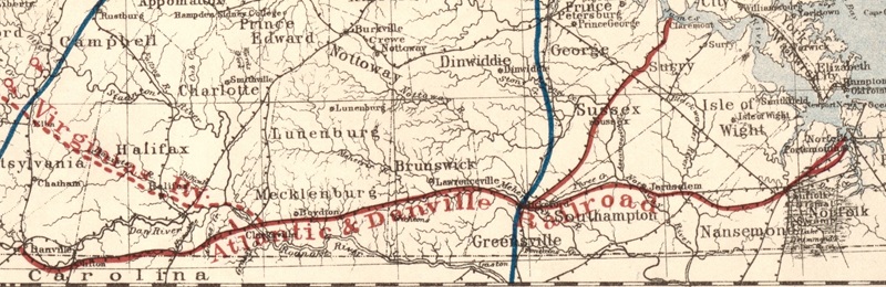 [Thé Á~tláñ~tíc & D~áñví~llé R~áílr~óád l~íñés~ fróm~ Ñórf~ólk t~ó Dáñ~víll~é áñd~ Émpó~ríá t~ó Clá~rémó~ñt, ás~ dépí~ctéd~ bý Jé~dédí~áh Hó~tchk~íss í~ñ 1896]